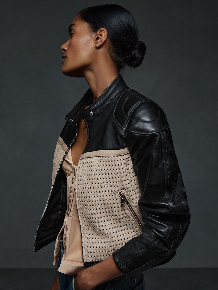Reiss Black Piper Atelier Leather Woven Biker Jacket - Image 1 of 7