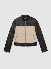Reiss Black Piper Atelier Leather Woven Biker Jacket - Image 2 of 7