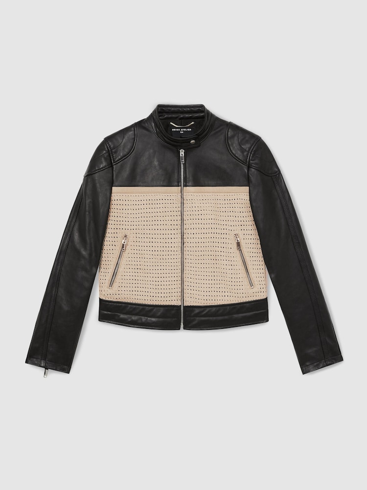 Reiss Black Piper Atelier Leather Woven Biker Jacket - Image 2 of 7