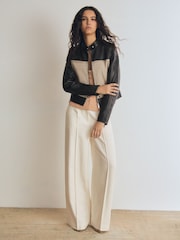 Reiss Black Piper Atelier Leather Woven Biker Jacket - Image 3 of 7
