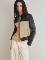 Reiss Black Piper Atelier Leather Woven Biker Jacket - Image 4 of 7