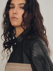 Reiss Black Piper Atelier Leather Woven Biker Jacket - Image 5 of 7