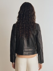 Reiss Black Piper Atelier Leather Woven Biker Jacket - Image 6 of 7