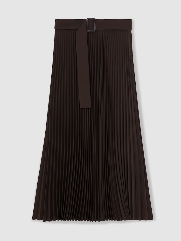 Reiss Chocolate Brown Ava Pleated Belted Midi Skirt - Image 2 of 7