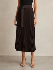 Reiss Chocolate Brown Ava Pleated Belted Midi Skirt - Image 3 of 7