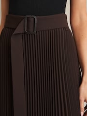 Reiss Chocolate Brown Ava Pleated Belted Midi Skirt - Image 4 of 7