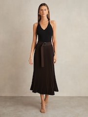 Reiss Chocolate Brown Ava Pleated Belted Midi Skirt - Image 5 of 7