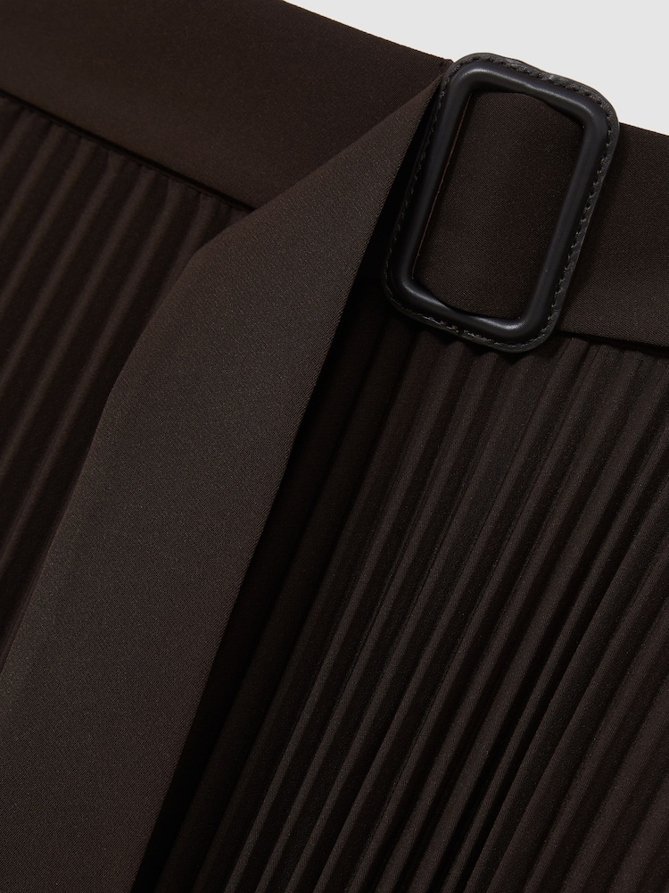 Reiss Chocolate Brown Ava Pleated Belted Midi Skirt - Image 7 of 7