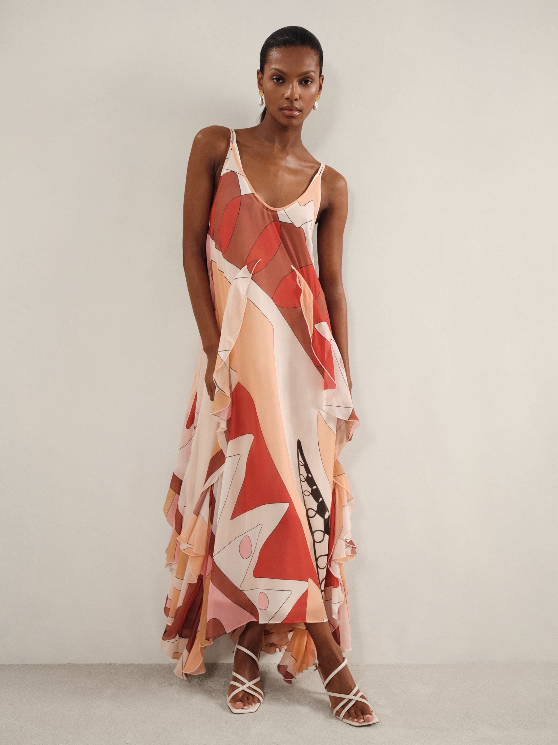 Reiss Women's Cream/Red Sasha Printed Ruffle Trim Maxi Dress