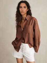 Reiss Brown Reenie Silk Button Sleeve Shirt - Image 1 of 7