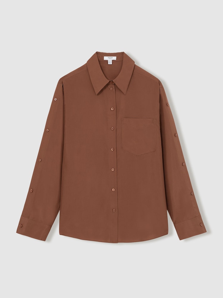Reiss Brown Reenie Silk Button Sleeve Shirt - Image 2 of 7
