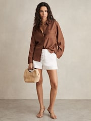 Reiss Brown Reenie Silk Button Sleeve Shirt - Image 3 of 7