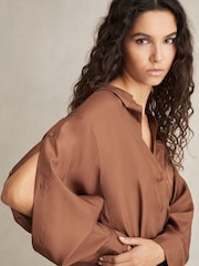 Reiss Brown Reenie Silk Button Sleeve Shirt - Image 4 of 7