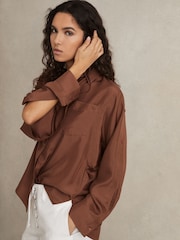 Reiss Brown Reenie Silk Button Sleeve Shirt - Image 6 of 7