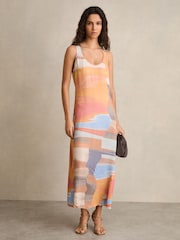 Reiss Coral Layla Sunset Print Sleeveless Slip Dress - Image 3 of 7