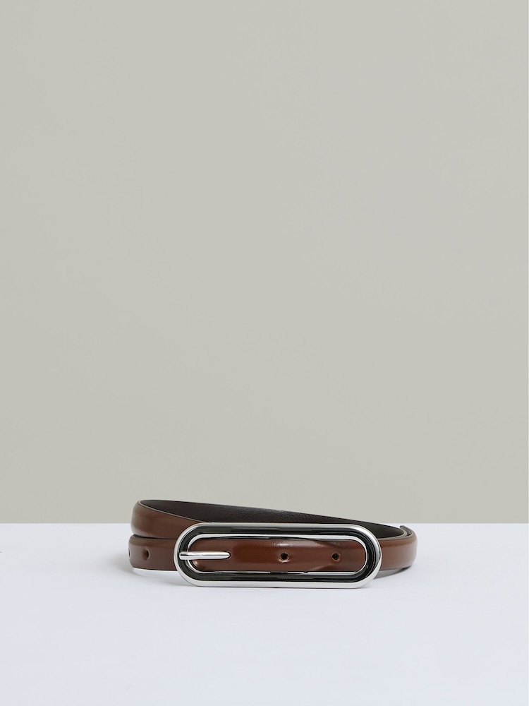 Reiss Tan Chaya Thin Leather Elongated Buckle Belt - Image 1 of 5 Reiss Tan Chaya Thin Leather Elongated Buckle Belt - Image 1 of 5