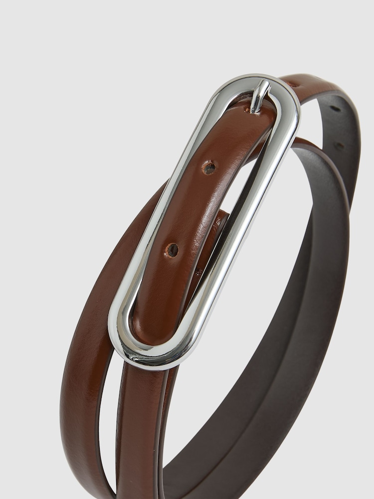 Reiss Tan Chaya Thin Leather Elongated Buckle Belt - Image 5 of 5 Reiss Tan Chaya Thin Leather Elongated Buckle Belt - Image 5 of 5