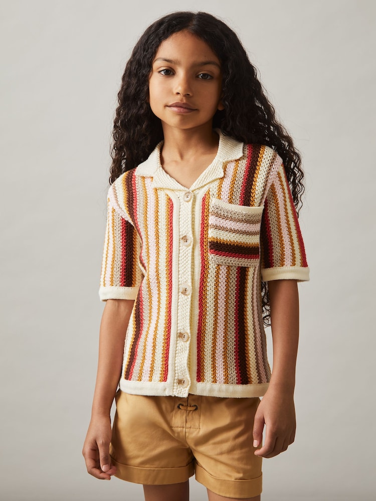 Reiss Multi Candy 4-9 yrs Cotton Striped Crochet Shirt - Image 1 of 5 Reiss Multi Candy 4-9 yrs Cotton Striped Crochet Shirt - Image 1 of 5