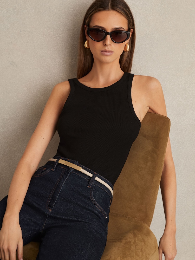 Reiss Neutral Ivy Leather Bar-Buckle Skinny Belt - Image 2 of 4