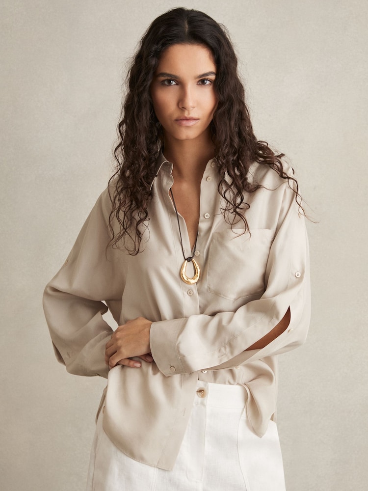 Reiss Stone Reenie Silk Button Sleeve Shirt - Image 1 of 7