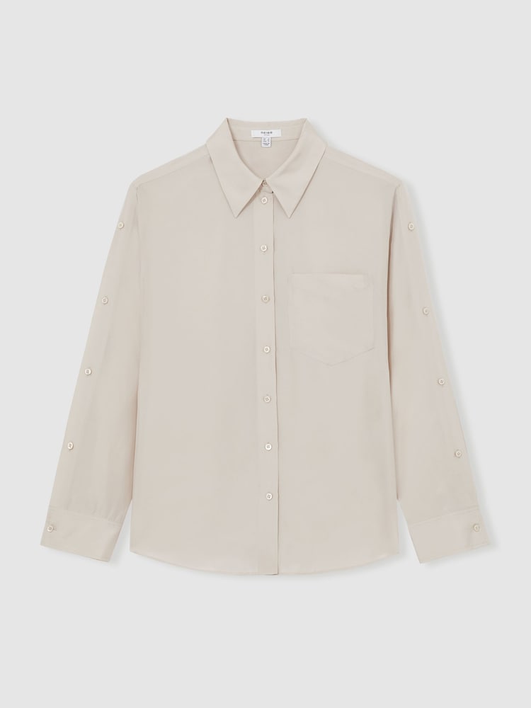 Reiss Stone Reenie Silk Button Sleeve Shirt - Image 2 of 7 Reiss Stone Reenie Silk Button Sleeve Shirt - Image 2 of 7