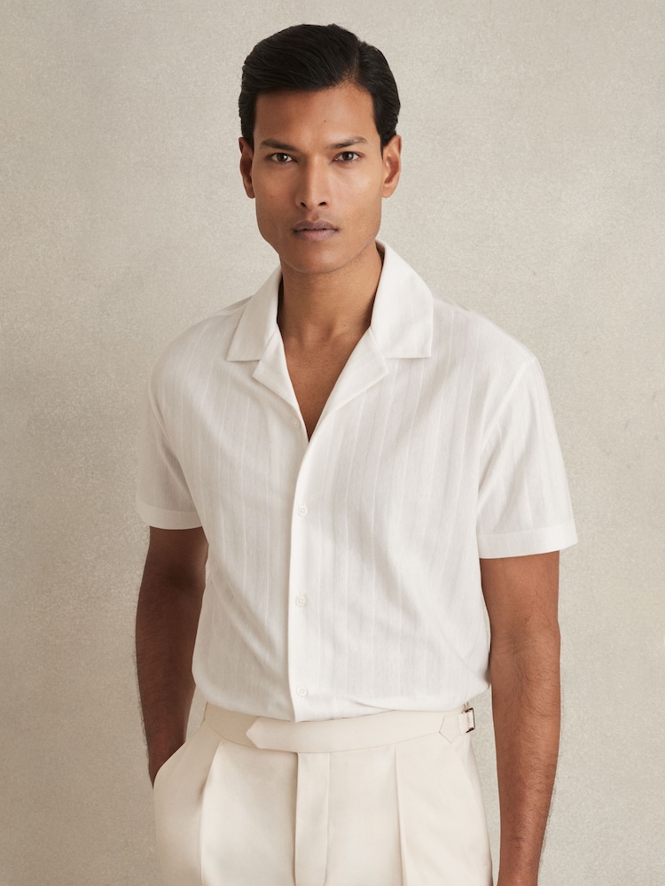 Reiss White Sampson Cotton Textured Cuban-Collar Shirt - Image 1 of 6