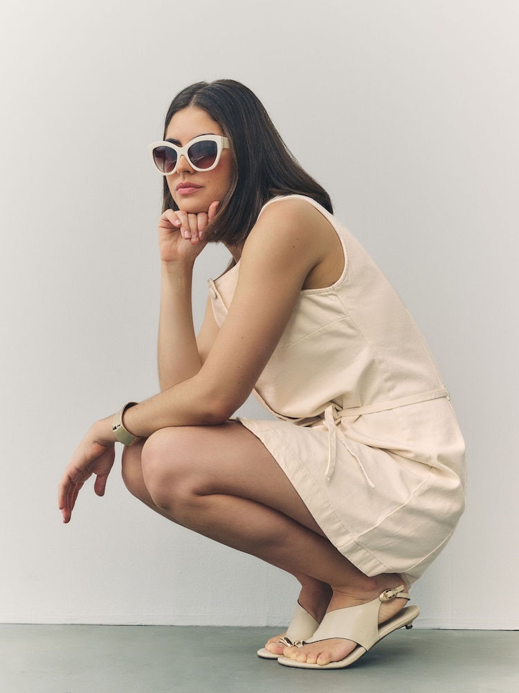 Ecru Button Through Boat Neck Denim Mini Dress - Image 4 of 7