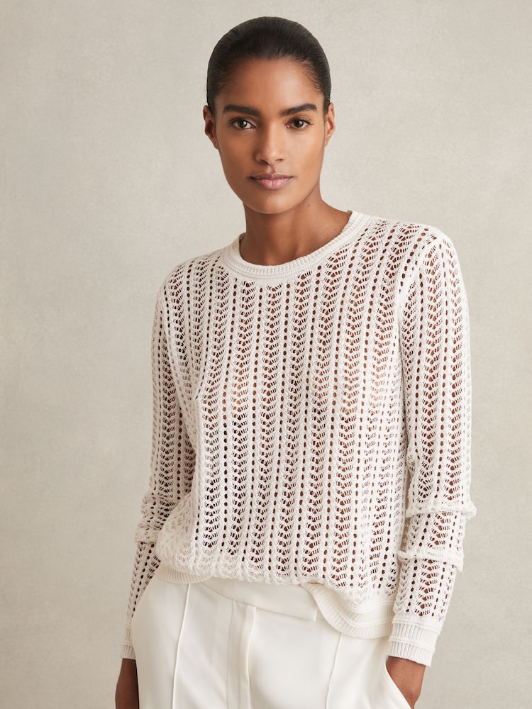 Reiss White Suzie Open-Knit Crew-Neck Jumper - Image 1 of 7