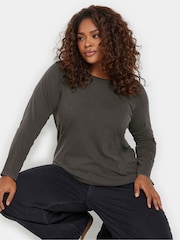 Yours Curve Grey Acid Wash Long Sleeve 100% Cotton T-Shirt - Image 1 of 5