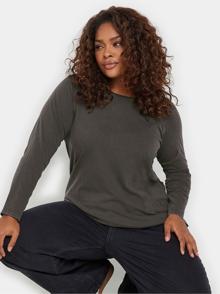 Yours Curve Grey Acid Wash Long Sleeve 100% Cotton T-Shirt - Image 1 of 5