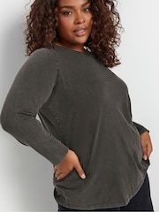 Yours Curve Grey Acid Wash Long Sleeve 100% Cotton T-Shirt - Image 4 of 5