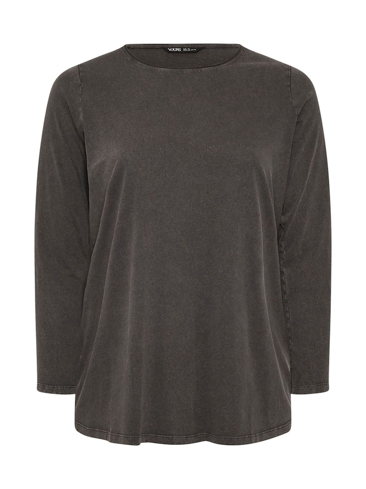 Yours Curve Grey Acid Wash Long Sleeve 100% Cotton T-Shirt - Image 5 of 5