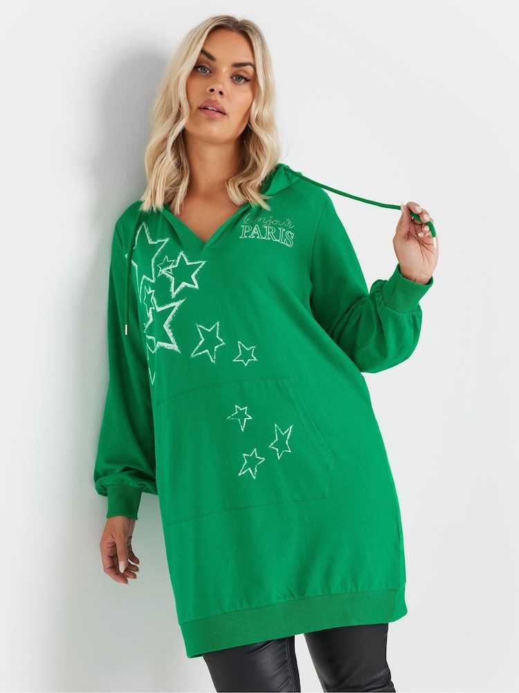Yours Curve Green 'Paris' Star Print Longline Hoodie - Image 1 of 5