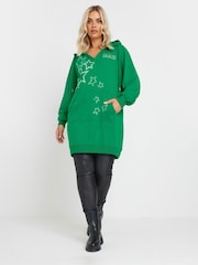 Yours Curve Green 'Paris' Star Print Longline Hoodie - Image 2 of 5