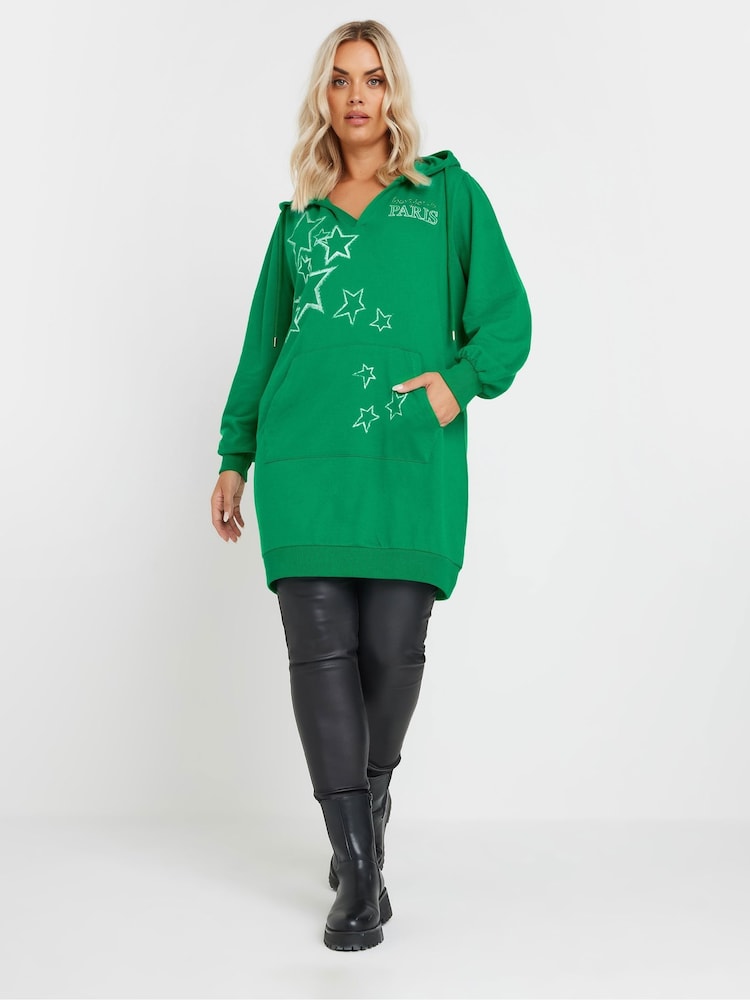 Yours Curve Green 'Paris' Star Print Longline Hoodie - Image 2 of 5