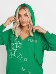 Yours Curve Green 'Paris' Star Print Longline Hoodie - Image 3 of 5