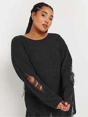 Yours Curve Black Distressed Detailed Jumper - Image 1 of 5
