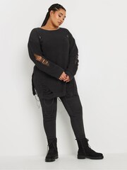 Yours Curve Black Distressed Detailed Jumper - Image 2 of 5