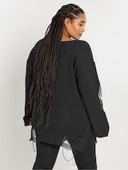 Yours Curve Black Distressed Detailed Jumper - Image 3 of 5