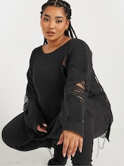 Yours Curve Black Distressed Detailed Jumper - Image 4 of 5