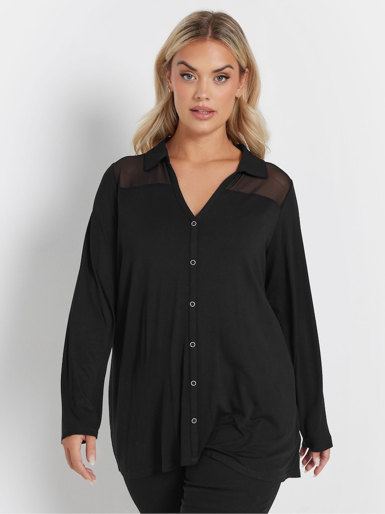 Yours Curve Black Mesh Panel Long Sleeve Shirt - Image 1 of 5
