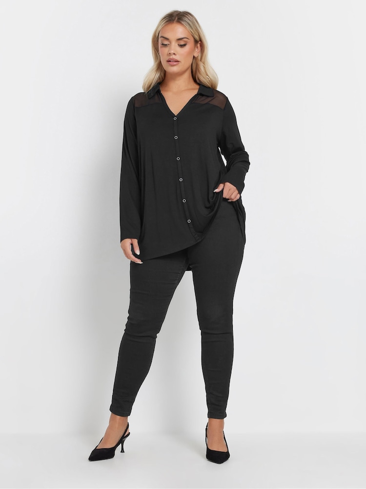 Yours Curve Black Mesh Panel Long Sleeve Shirt - Image 2 of 5