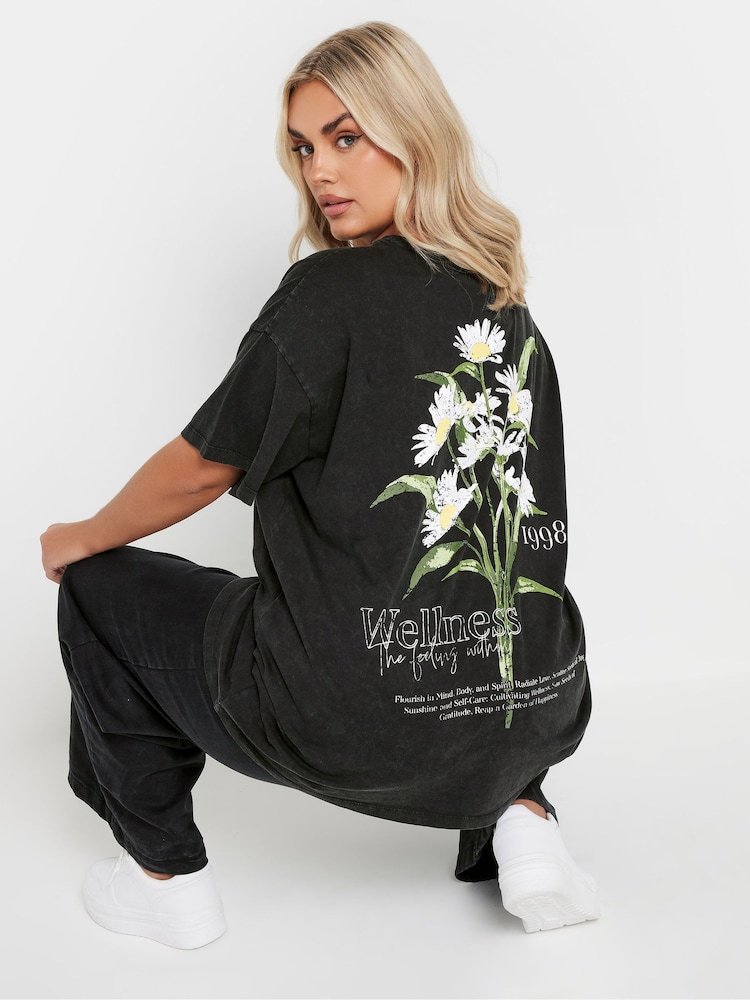 Yours Curve Black Acid Wash Relaxed 100% Cotton T-Shirt - Image 2 of 6