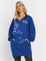 Yours Curve Blue 'Paris' Star Print Longline Hoodie - Image 1 of 5