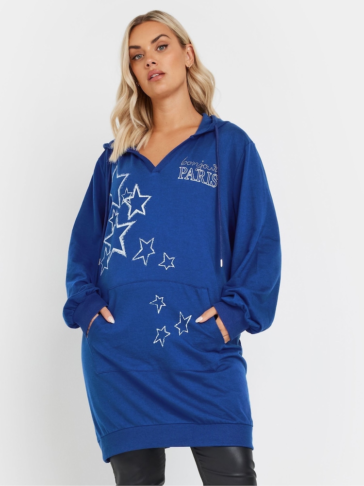 Yours Curve Blue 'Paris' Star Print Longline Hoodie - Image 1 of 5
