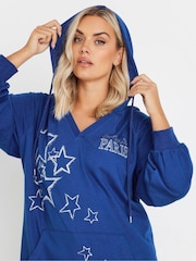 Yours Curve Blue 'Paris' Star Print Longline Hoodie - Image 3 of 5