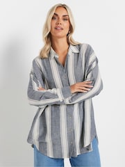 Yours Curve Blue Long Sleeve Striped Linen Shirt - Image 1 of 5