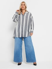 Yours Curve Blue Long Sleeve Striped Linen Shirt - Image 2 of 5