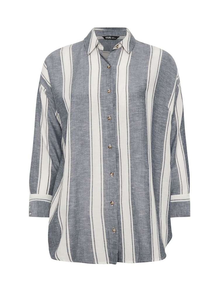Yours Curve Blue Long Sleeve Striped Linen Shirt - Image 5 of 5