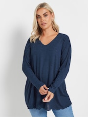 Yours Curve Blue Long Sleeve Textured V-Neck Top - Image 1 of 5
